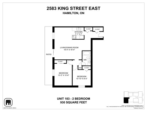A floor plan for a 2 bedroom apartment at 2583 King Street East, Hamilton, Ontario.